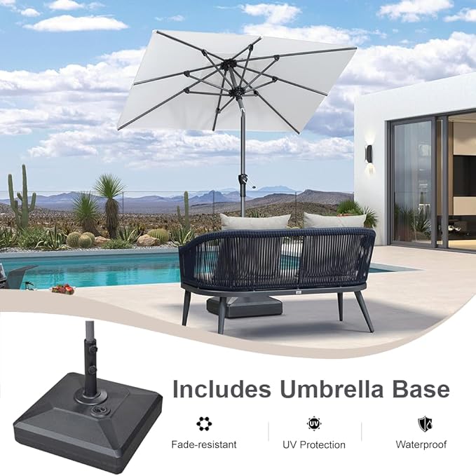 PURPLE LEAF 6' x 4' Rectangle Patio Market Umbrella with Base Outdoor Table Umbrellas Aluminum Frame Sun Shade with 8 Sturdy Ribs Tilt for Garden Deck Lawn Pool White