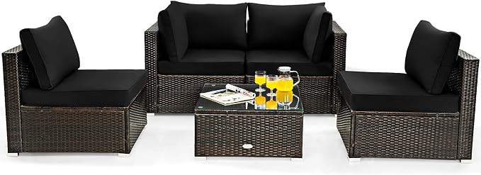 COSTWAY 5-Piece Outdoor Patio Furniture Set, PE Rattan Sofa Chairs with Cushions and Tempered Glass Coffee Table, Conversation Sofa Set for Backyard Garden (Black)