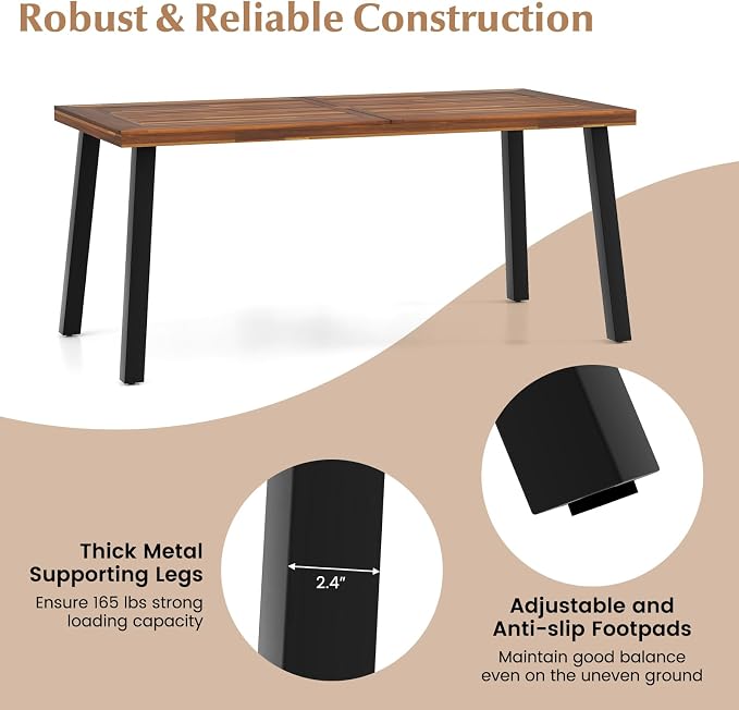 Tangkula 67.5 Inch Acacia Wood Outdoor Dining Table for 6, Patio Table with with Umbrella Hole & Metal Legs, Indoor & Outdoor Rectangular Table for Garden Park Poolside Porch