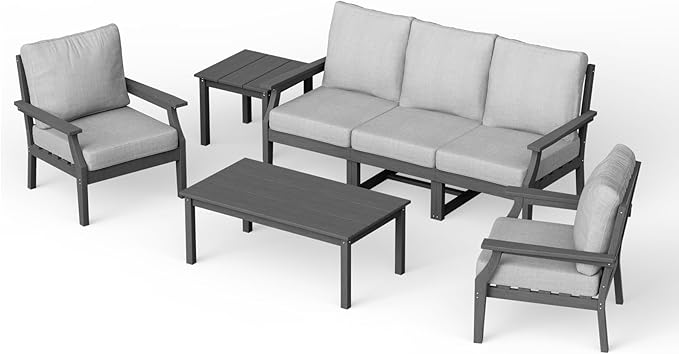 HDPE Patio Conversation Set, 7-Piece All Weather Outdoor Furniture Set with 2 Single Armchairs for Deck, Lawn, with Cushion, Gray