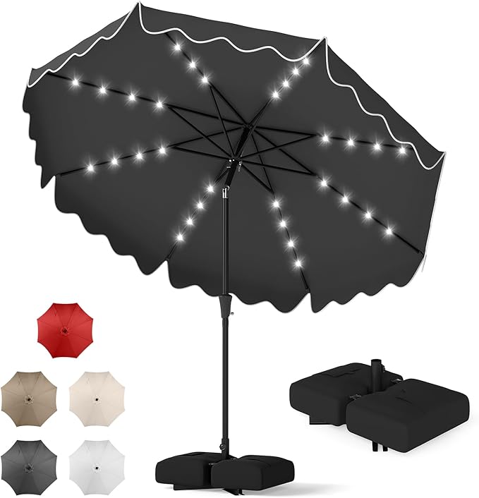 Tangkula 10 FT Solar Patio Umbrella with Base Included, 2-Tiers Outdoor Scalloped Table Umbrella with 32 LED Lights, 2 Sandbags, Tilt Adjustment, Crank, 8 Ribs for Market Backyard Pool Deck Beach Lawn (Gray, 10 FT)