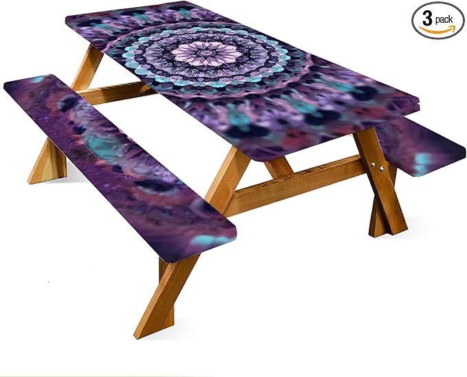 ANNA QUEEN Mandala Picnic Table Cover Set, 6FT Boho Purple Waterproof Tablecloth & Bench Covers 3PCS 72"x30" for Camping Garden Patio Festivals Retreats