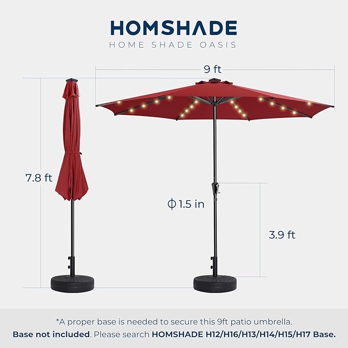 HOMSHADE 9ft Solar Patio Umbrella - Solar Lights LED Lighted Outdoor Market Table Umbrella, UPF50+ UV Protection with Push Button Tilt, Crank for Pool Deck and Garden (Burgundy Red)