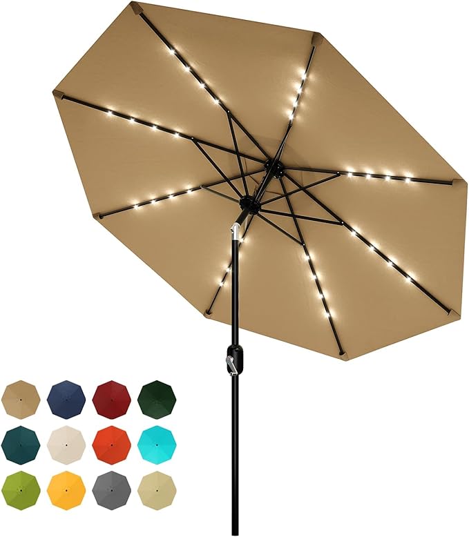 10 ft Patio Umbrella with Solar Lights, Outdoor LED Lighted Umbrella, 40 LED Lights & Tilt Crank, 8 Ribs for Poolside, Deck, Backyard