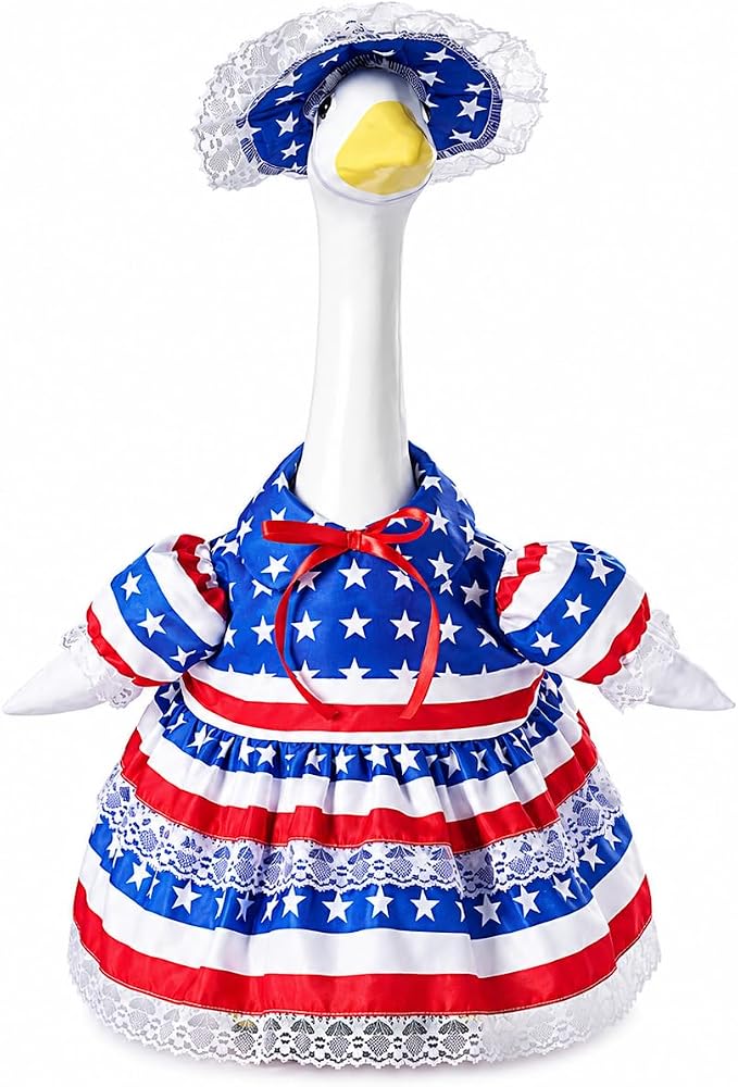 4th of July Porch Goose Outfit for 23 Inch Goose Statue, Patriotic Red White and Blue Porch Goose Dress with Lace Bonnet, Summer Sculpture Clothes for Independence Day Garden Patio Decor