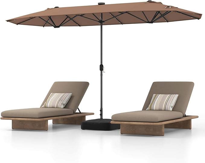 HAPPYGRILL Double-Sided Patio Umbrella with Solar Lights, 13FT Large Umbrella with Base Included, Crank Handle, Market Twin Table Umbrella for Outdoor Backyard Garden Poolside
