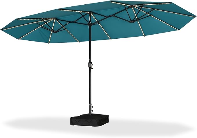 PURPLE LEAF 14ft Patio Market Umbrella with Solar LED and Base Double-Sided Rectangle Outdoor Table Sun Umbrellas with Crank for Pool Beach Deck Backyard Turquoise Blue