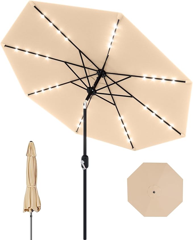 GarveeLife 9 ft Patio Umbrella with Solar Lights, Outdoor Table Umbrella with 32 LED Lights & Tilt Crank, 8 Ribs Market Table Umbrella for Pool, Deck, Backyard, Tan