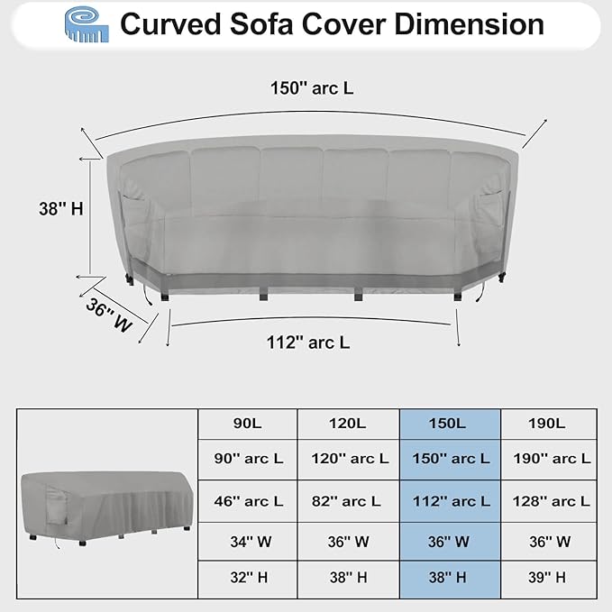 OutdoorLines Waterproof Curved Outdoor Sectional Cover - UV Resistant Windproof Patio Sectional Sofa Covers for Deck, Lawn and Backyard, Heavy Duty Furniture Covers (150Lx36Dx38Hx112FL, Grey)