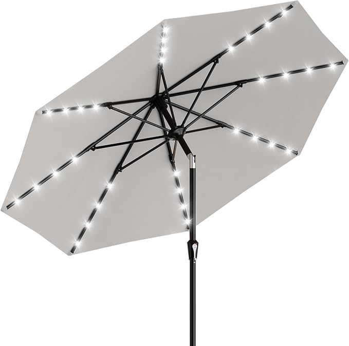 AreShark 9FT Patio Umbrella with Solar Lights, 32 Lighted Pool Umbrella w/Tilt and Crank, Outdoor Market Solar Umbrellas for Garden, Deck, Backyard, Pool and Beach, Light Gray