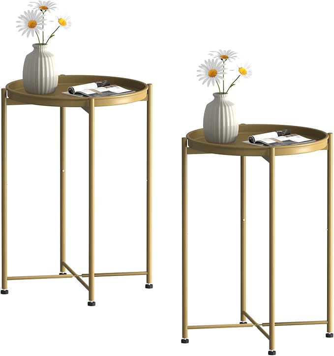 Garden 4 you Small Side Table, Gold Mini Round End Table, Tray Table with Metal Frame, Modern Nightstand for Living Room, Bedroom, Patio, Small Space, 2pcs