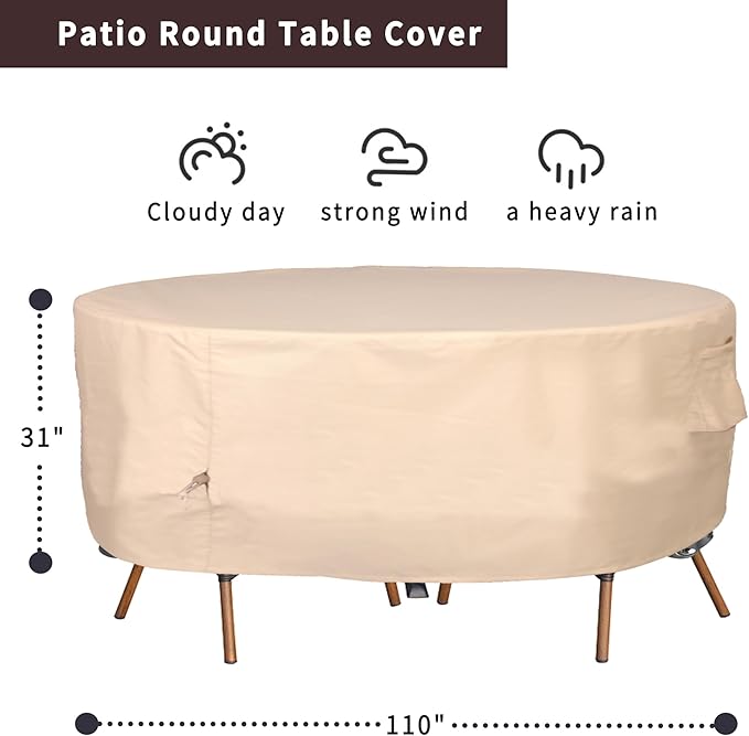 Round Patio Furniture Cover, Heavy Duty and Waterproof for Outdoor Furniture covers, Round outdoor table cover, Patio table cover 110"DIA x 31"H Beige