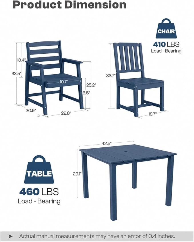HDPE Outdoor Dining Set for 4, Armchairs, Navy | All-Weather HDPE, Wood Grain Finish, 42.5" Square Table, Built-In Umbrella Hole, Seats 4, Patio & Poolside Ready