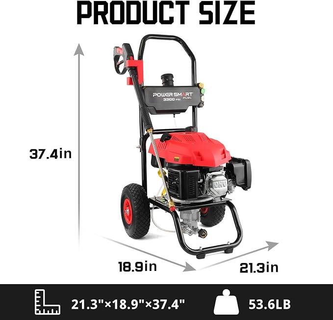 PowerSmart 3500 PSI Gas Pressure Washer with 2.5 GPM Flow Rate, 3800W Power, Onboard Soap Tank, Spray Gun & Wand, and 5-Nozzle Set for Cleaning Cars, Fences, Driveways, Homes, and Patios