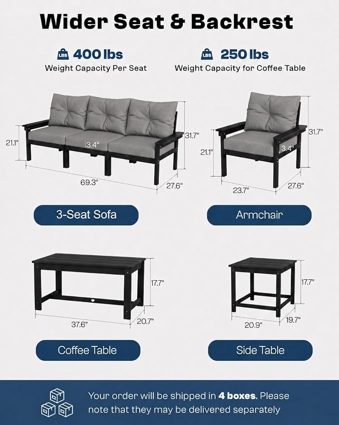HDPE Patio Sofa Set, 4-Piece Sectional Outdoor Patio Furniture Set, All Weather Outdoor Couch Set with Coffee Table & Grey Washable Thick Cushions for Balcony, Porch (Black Frame)
