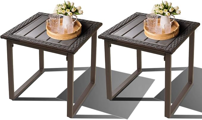 Wicker Outdoor Side Table for Patio Set of 2, 2 PCS Square Rattan Outdoor End Tables for Outside Porch Lawn Garden Balcony Pool Bistro, Brown