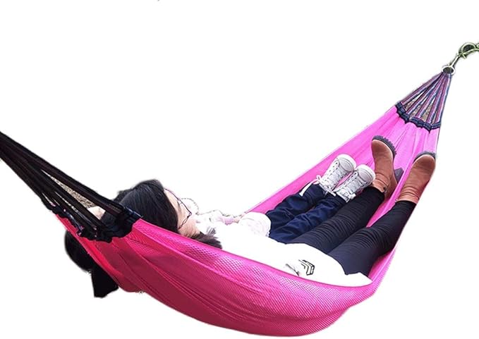 Portable Hammock Nylon Ice Silk Camping Hammock Cool Breathable Mesh Hammocks for OutdoorIndoor Patio Backyard for Backpacking Beach (Color : Pink Size : with Carabiner 3m Strap)