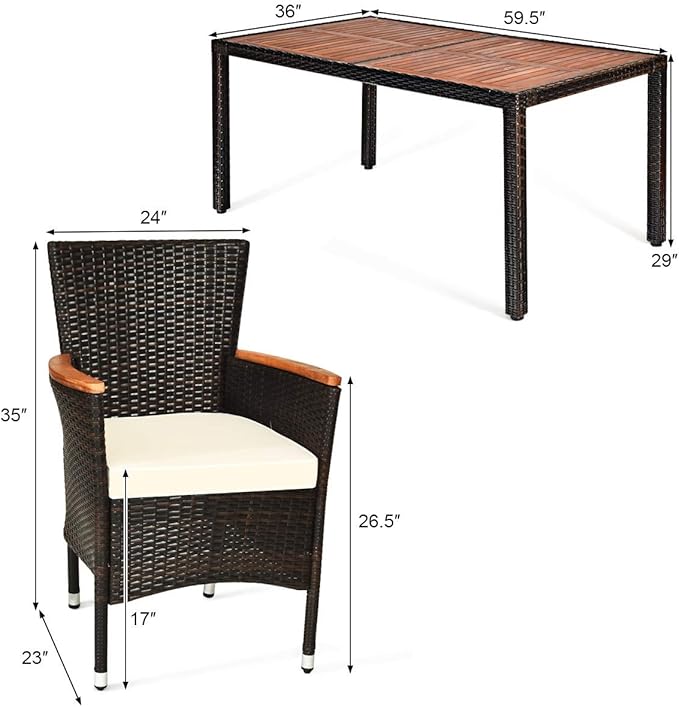 Tangkula 7 PCS Outdoor Patio Dining Set, Garden Dining Set w/Acacia Wood Table Top, Stackable Chairs with Soft Cushion, Poly Wicker Dining Table and Chairs Set (Brown)