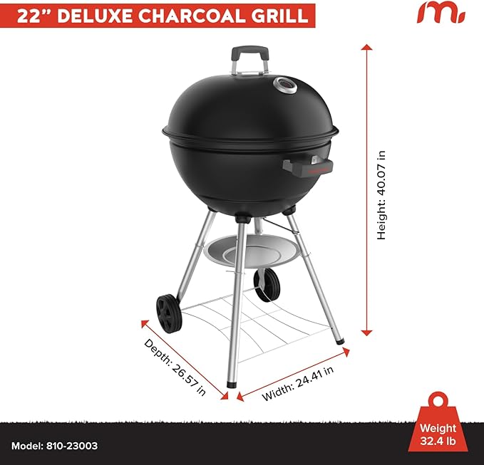 Megamaster 22" Deluxe Charcoal Barbecue Grill with Adjustable Air Vent, Built-In Temperature Gauge, 368 SQ. In Cooking Area, Storage Rack, Portable Grill for Camping, Picnics, and More - 810-23003