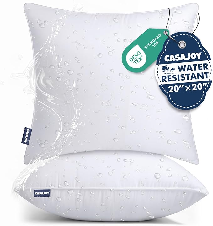 Outdoor Pillows 20x20 Set of 2 Water Resistant Throw Pillow Inserts | Square Waterproof Pillows, Convenient Zipper Design, Fluffy & Supportive, Decorative Pillow for Patio Porch & Couch