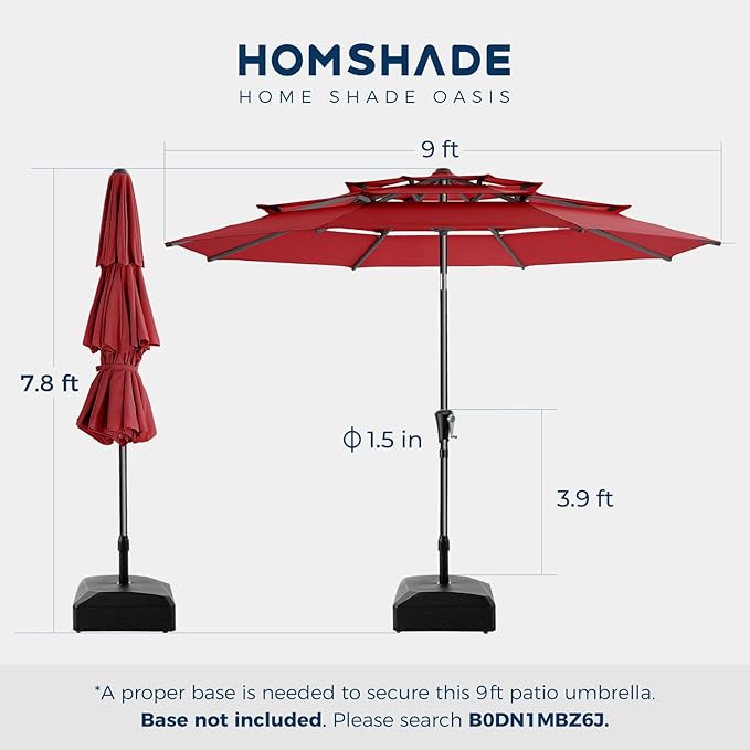 HOMSHADE 9FT 3-Tiers Outdoor Patio Umbrella with 5-Year Fade Resistant,Vented Outdoor Commercial Market Umbrella with UPF50+ UV Protection & Push Button Tilt and Crank for Pool,Backyard(Red)