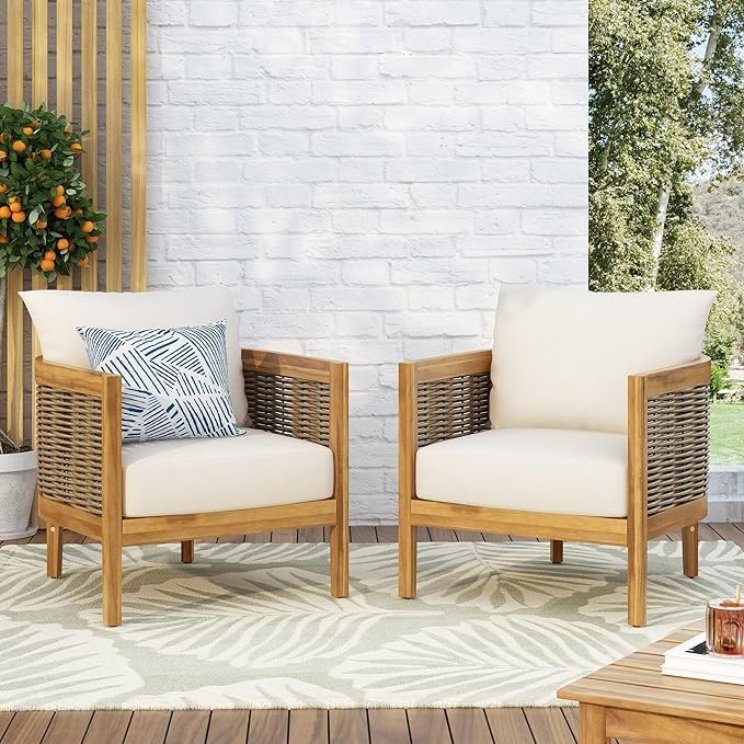 Merax Set of 2 Outdoor Acacia Wood Wicker Club Chair with Cushion,Patio Furniture Conversation Seat for Backyard