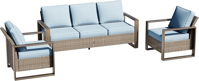 Wicker Patio 75" Sofa Set with Two Armchairs, All Weather Rattan Outdoor Conversation Furniture Set with Wood-Looking Metal Armrest & Removable Cushions for Deck Backyard Porch, Baby Blue