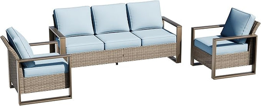 Wicker Patio 75" Sofa Set with Two Armchairs, All Weather Rattan Outdoor Conversation Furniture Set with Wood-Looking Metal Armrest & Removable Cushions for Deck Backyard Porch, Baby Blue
