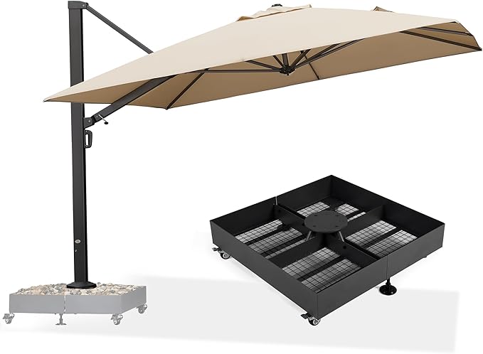 PURPLE LEAF 11 FT Square Patio Umbrella with Wheeled Base Included Large Outdoor Offset Umbrella with 360-degree Rotation Cantilever Umbrella for Garden Deck Backyard Pool Beige