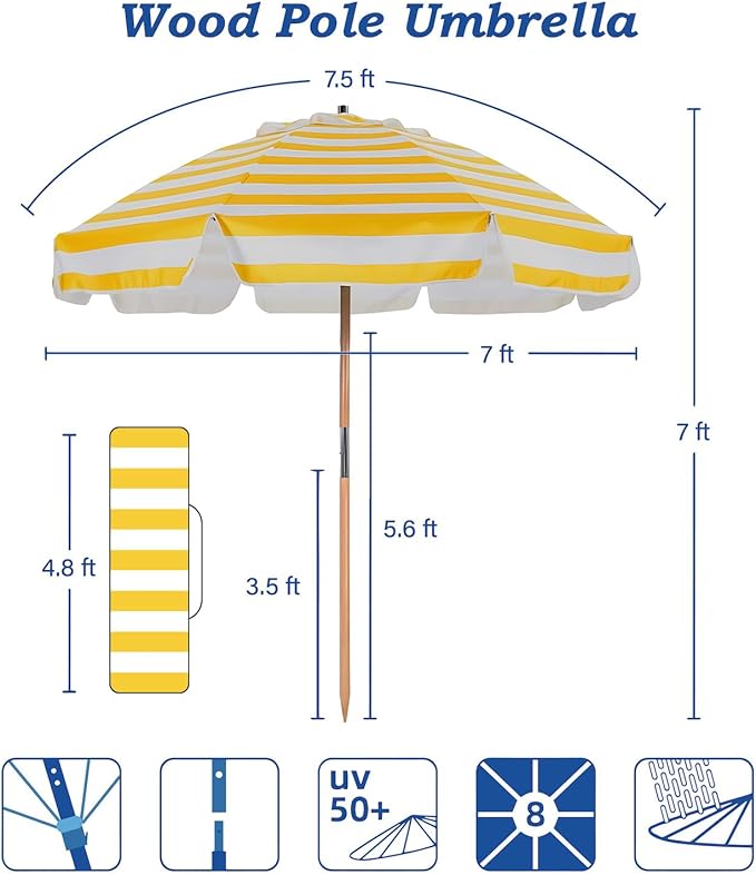 AMMSUN 7.5ft Heavy Duty HIGH Wind Beach Umbrella Commercial Grade Patio Beach Umbrella with Air Vent Ash Wood Pole & Carry Bag UPF 50+ Protection Yellow and white stripe