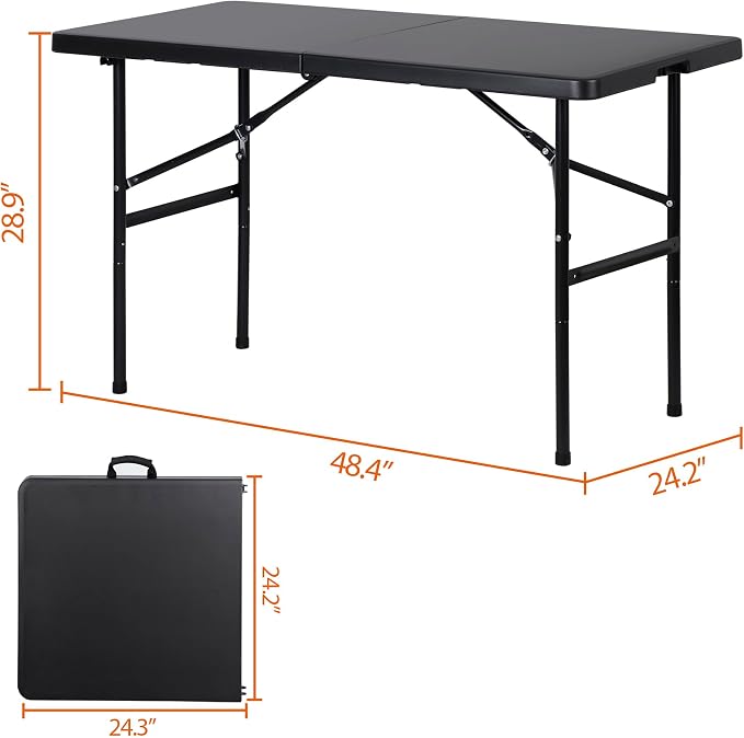 ZenStyle 4ft Heavy Duty Folding Table - Plastic Top & Steel Legs, Indoor Outdoor Utility Table w/Carry Handle for Camping, Parties, BBQs (Black)