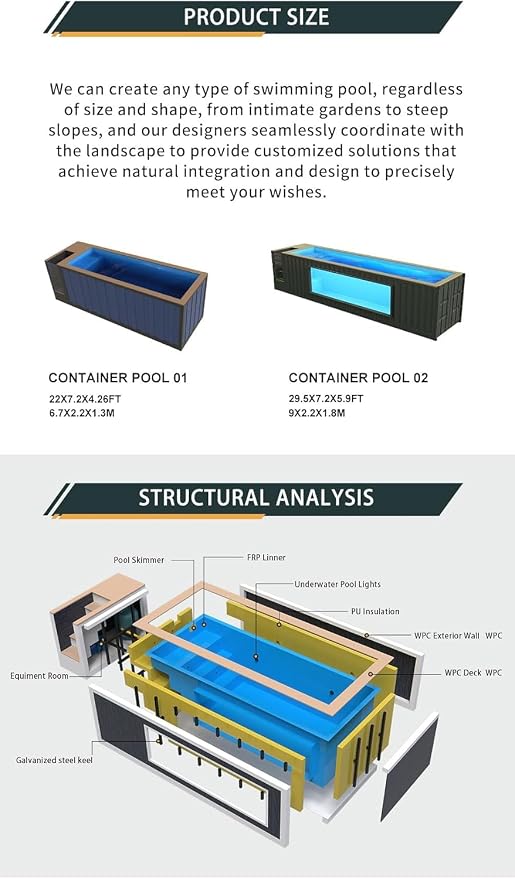 Custom Modular Container Swimming Pool, Luxury Above Ground Prefabricated Swimming Pool, Modern Outdoor Pool with Optional Heating System for Backyard Villa Resort Airbnb Spa Commercial Relaxation Use