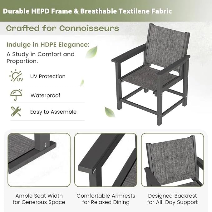 UDPATIO HDPE Dining Chair Set of 2, Heavy Duty Extra-Wide Outdoor Chairs with 360 lb Load Capacity, Easy to Assembly, All-Weather Seating for Patio, Pool, Garden, Backyard,Light-Black