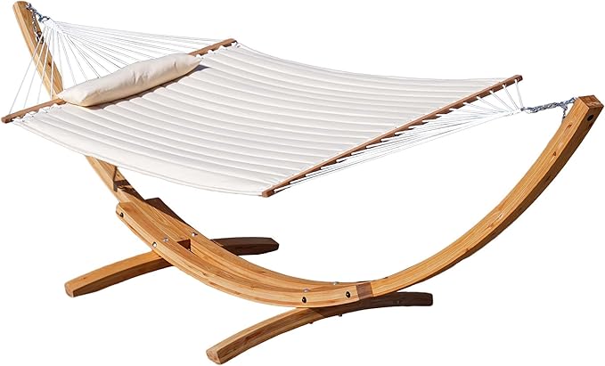 Lazy Daze Hammocks 12 FT Double Quilted Fabric Hammock and 13 FT Natural Wood Arc Stand, with Spreader Bar, Removable Pillow, 2 Person Hammock for Poolside Outdoor Patio, 450 lbs Capacity, Natural
