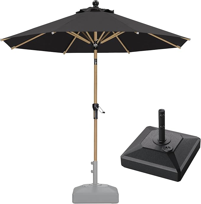 PURPLE LEAF 8 Feet Patio Umbrella with Base Market Umbrella Outdoor Umbrella with Push Button Tilt & Crank and 8 Ribs Round Aluminum Table Umbrella for Pool Backyard Beach, Black