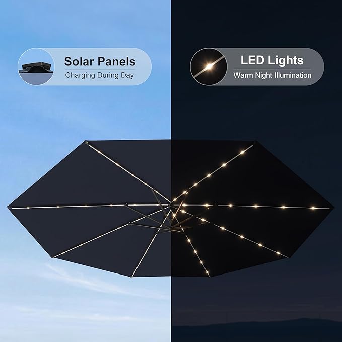 PURPLE LEAF 10' Round Patio Umbrella with Solar LED Outdoor Table Umbrella Aluminum Frame Market Umbrella with 8 Sturdy Ribs & Tilt for Garden Deck Lawn Pool Navy Blue