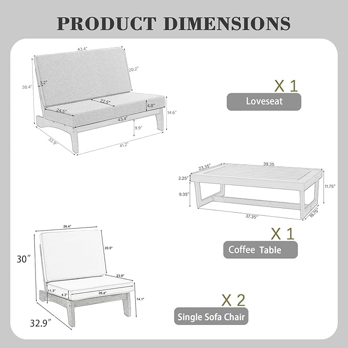UIXE All Weather Patio Furniture Sets, 4 Pieces Black Wood Outdoor Sectional Futniture Patio Sofa Chair Backyard Conversation Set with Solid Wooden Coffee Table - Beige