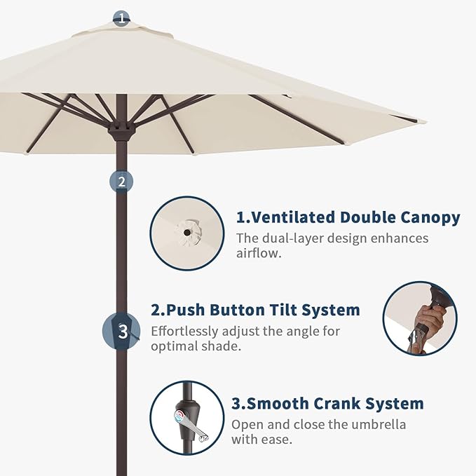 9FT Patio Umbrella Outdoor Table Umbrella w/Push Button Tilt and Crank, 8 Sturdy Ribs, UV Resistant Waterproof Market Umbrella for Pool, Deck, Backyard, Garden, Creamy White