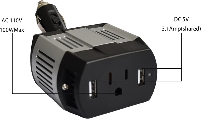 Modified Sine Wave Power Inverter 100W Rated with 300W Surge Power with Dual USB Output and Adjustable Cigarette Lighter Plug (Silver)