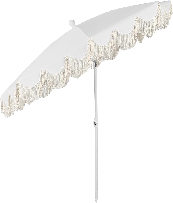 JONATHAN Y Mariner 6.5 ft. Beach Umbrella, Solid White with Fringe, Push-Button Tilt, UPF 50+ Sun Protection and Carrying Bag for Patio and Pool, White Pole UMB1005A