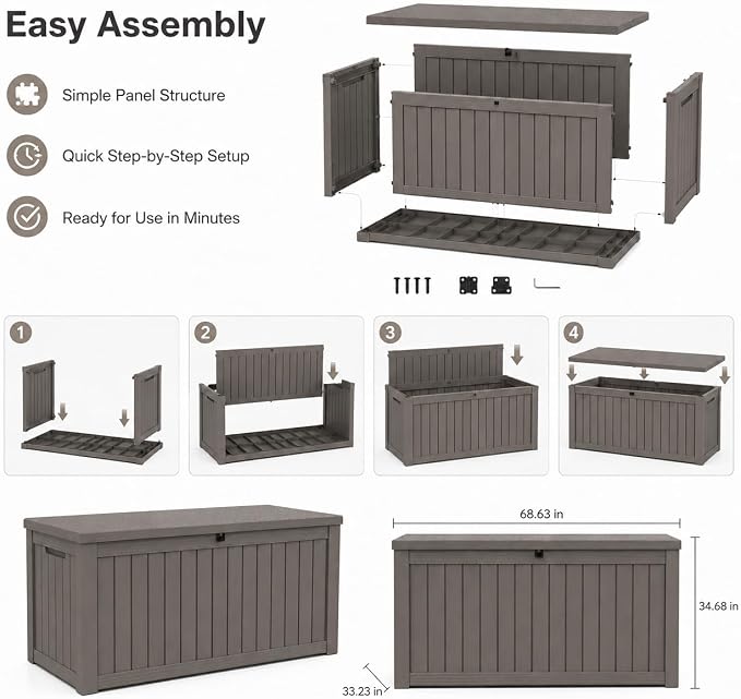 270 Gallon Extra Large Deck Box Outdoor, Resin Storage Box Outdoor Waterproof, Lockable Garden Storage Bench, Holds Patio Furniture, Pool Supplies & Equipment, Hydraulic Rod, UV-Proof, Gray Brown