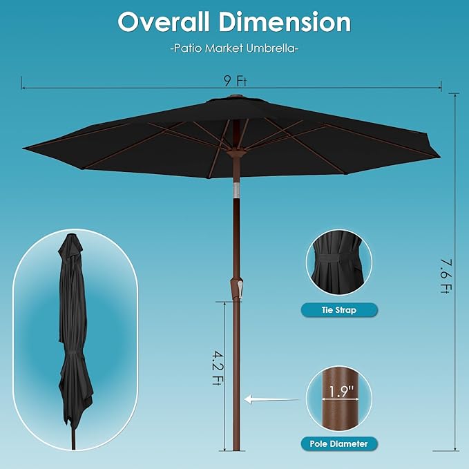 GREENVINES 9-FT-Patio-Umbrella | Outdoor-Table-Umbrellas | 8 Sturdy Fiberglass Ribs | Push Button Tilt & Crank | Waterproof | Market Umbrella | for Pool Backyard Garden Deck | Black