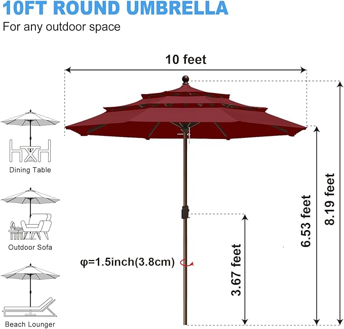 Eurmax USA 10-Year-Non-Fading 10FT 3-Tier Outdoor Patio Market Umbrella,UPF50+ UV Resistant,Heavy Duty Commercial Grade,Crank Lift Design,Windproof Vented Top for Garden,Pool,Deck,Burgundy
