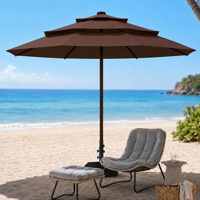 10ft Patio Umbrella, 3-Tier Vented Outdoor Table Umbrella with 8 Sturdy Fiberglass Ribs, Windproof Market Umbrella with Push Button Tilt and Crank, UV Protection for Deck, Pool, Brown