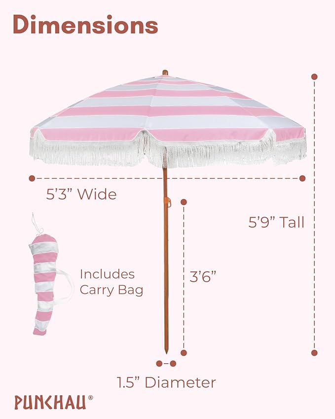 6 Ft Fringe Patio Umbrella - Outdoor Umbrella for Patio, Pool, Table, Garden, Deck, Beach, and Outdoors - Fashionable Boho Vintage Tassels & Wood Print - Push Button Tilt Pole