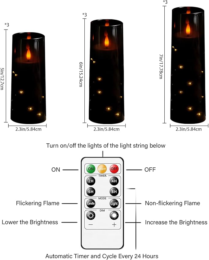 kakoya Flameless LED Candles with Timer 9 Pc Flickering Flameless Candles for Romantic Ambiance and Home Decoration Stable Acrylic Shell,with Embedded Star String,Battery Operated Candles（Black）