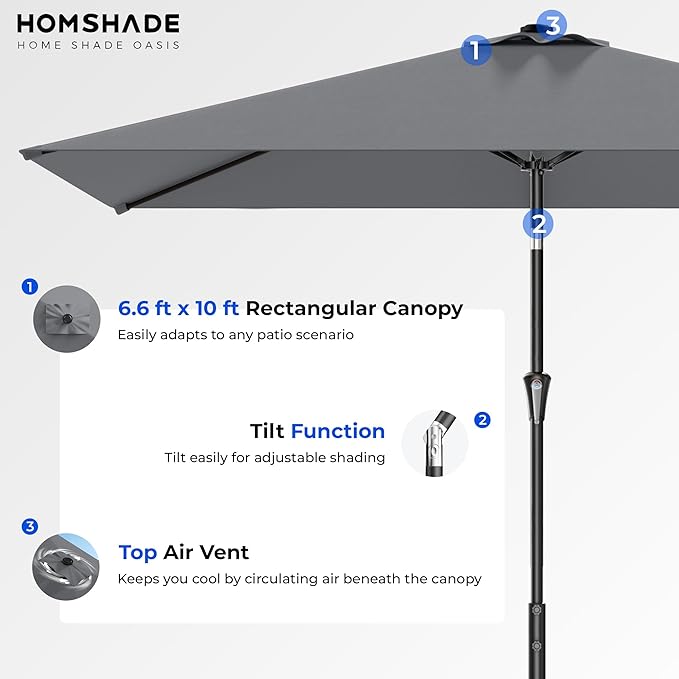 HOMSHADE 6.6 x 10 ft Rectangular Patio Umbrella Rectangle Umbrella Outdoor Patio, Large Outdoor Umbrellas for Patio Table with Tilting and Sun UV Protection for Pool, Deck, Market, Backyard