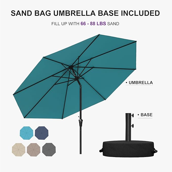 PURPLE LEAF 10' Round Patio Umbrella Outdoor Table Umbrella Aluminum Frame Market Umbrella with 8 Sturdy Ribs & Tilt for Garden Deck Lawn Pool Turquoise Blue