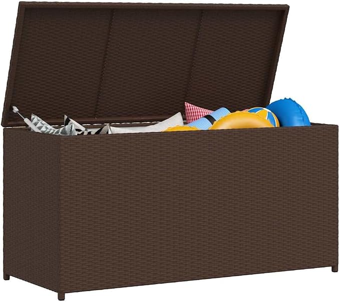 47"x24" Brown PE Rattan Deck Box w/Gas Lift, Modern Outdoor Storage Chest for Cushions & Blankets, Durable Patio Outside Bin for Yard, Balcony & Garden