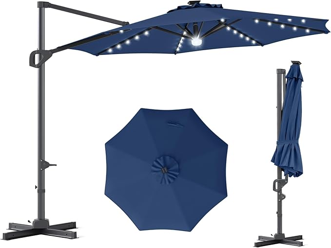 Tangkula 10ft Patio Umbrella with Solar Lights, Offset Cantilever Square Outdoor Umbrella with 35 LED Lights, Aluminum Pole, 360 Degree Rotation, Tilt Adjustment, Air Vent for Pool Deck Yard (Navy)